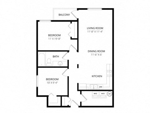 Floor plan for 2 beds, 1 bath, 800 sqft